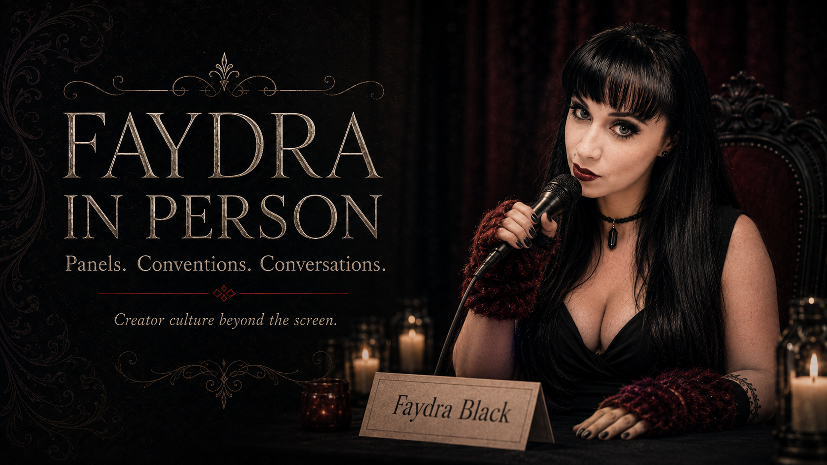 Faydra Black speaking at a convention panel, seated at a table with a microphone and nameplate